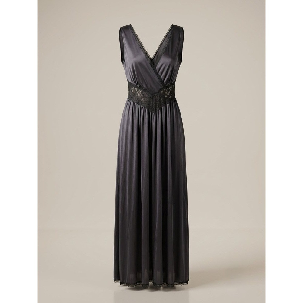 Vintage Gilead Black‎ Lace Trim Nightgown Maxi Dress Lingerie Coquette Glam L